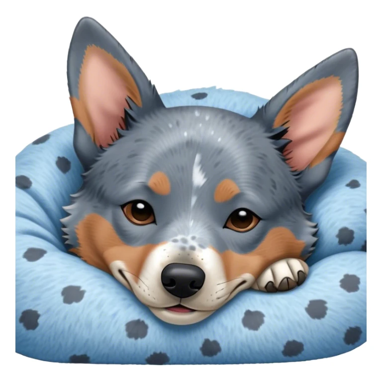 Meme-Worthy Cute Sleeping Blue Speckle Australian Cattle Dog Portrait Emoji, Head resting peacefully with a contented smile, showcasing a robust build and a luxuriously soft blue speckle Fur, eyes shut in a serene nap, Simplified yet hilariously adorable features, highly detailed, glowing with a soft, drowsy light, high shine, relaxed and utterly lovable, stylized with an air of playful laziness, bright and heartwarming, soft glowing outline, capturing the essence of a comically sleepy herder, so meme-worthy it feels like it could instantly become the next viral sensation of adorable slumber! sticker