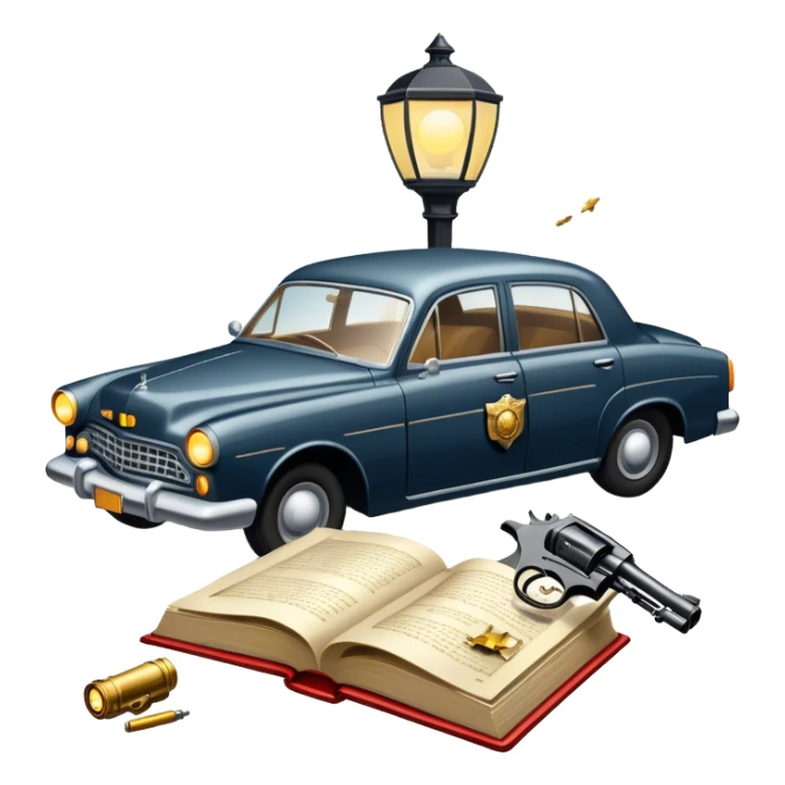 Icon for Action & Crime Reading: an open book with dramatic crime scenes—bullet holes on pages, a detective badge, a revolver and a getaway car. Surrounding elements include a flickering streetlight. Transparent background. sticker