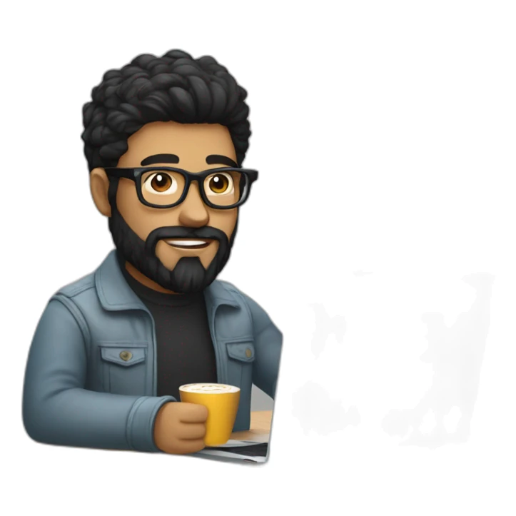 Designer with black hair, beard and glasses working with MacBook and drinking cappuccino  sticker