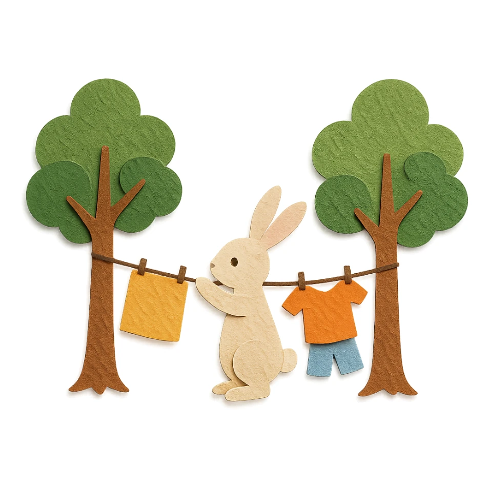 bunny hanging laundry between trees, calming domestic forest feel, paper craft style, flawless, high quality, no imperfections sticker