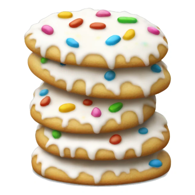 side view, pile of white iced christmas cookie with sprinkles sticker