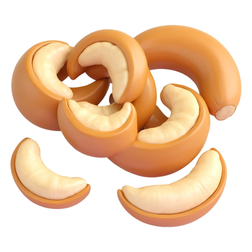 3D style illustration of cashew nuts, grouped together, realistic crescent shape, light tan glossy with soft sheen, white background, emoji clip-art style sticker
