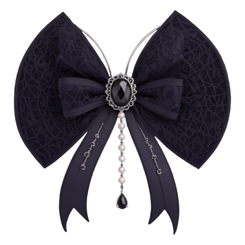 gothic bow, white silk, silver spiderweb brooch, black lace overlay, black feather accents, single black teardrop gem, dark pearl details sticker