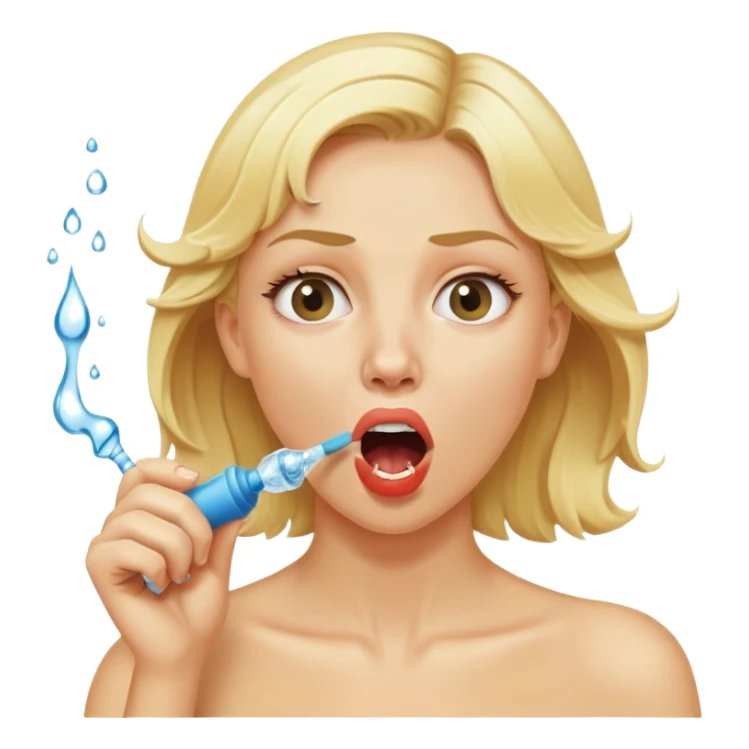 blond woman biting a wide skin-tone stick with a round knob, water jet shooting from the knob into her mouth, surprised look sticker