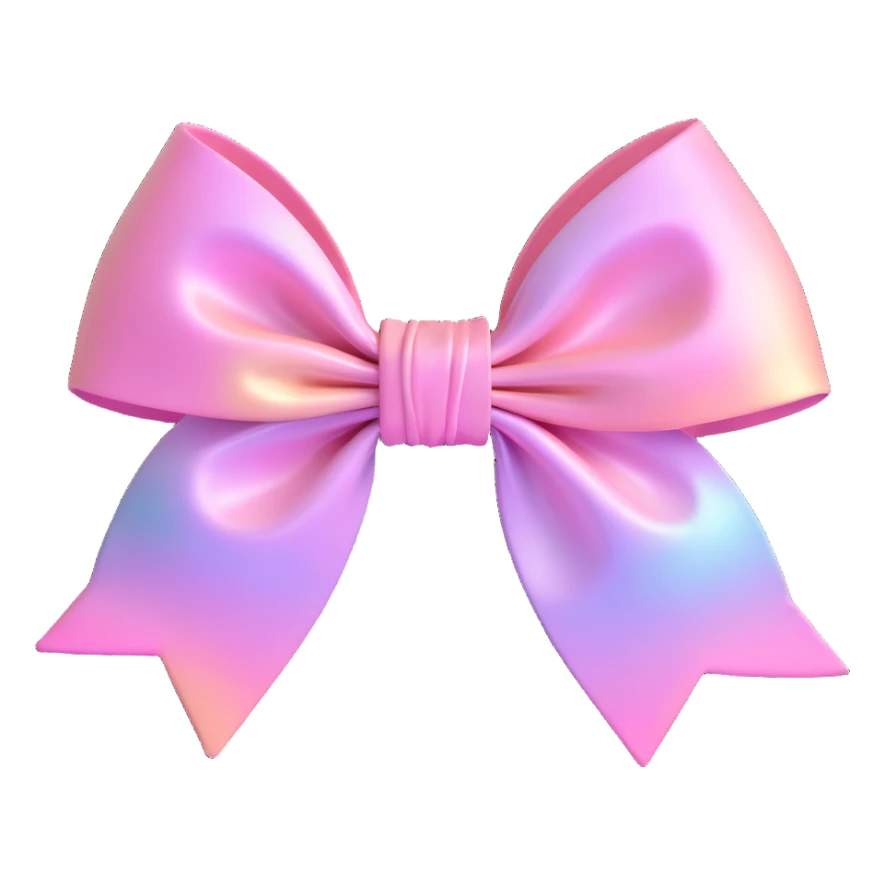 3D emoji style bow, pastel pink, iridescent shimmer effect sticker