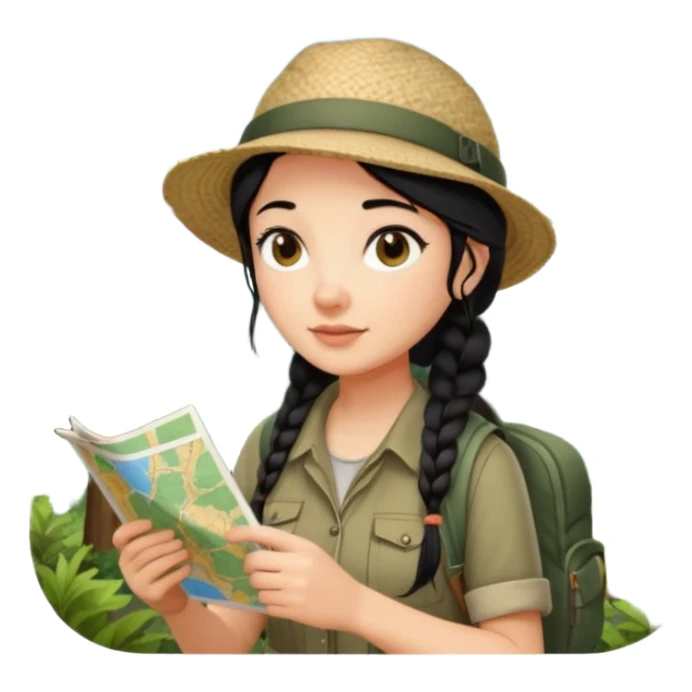 A braid black hair backpacking woman checking her map with curious eyes while walking in the woods with camping hat sticker