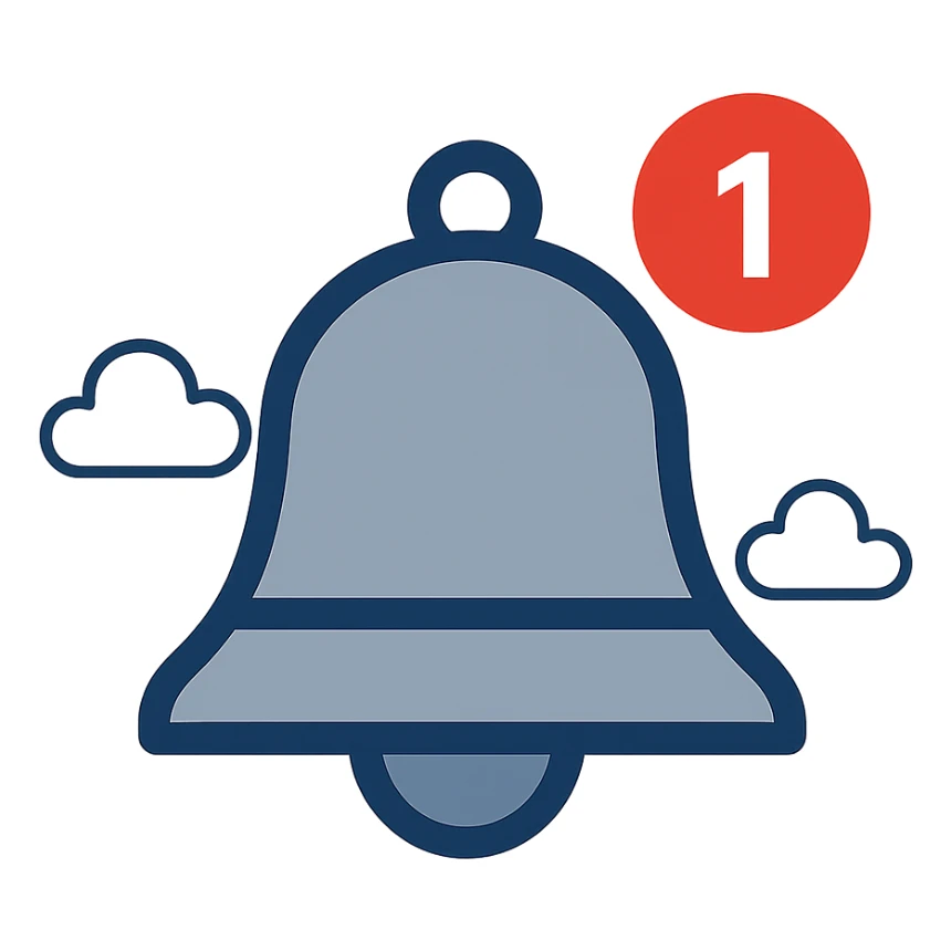 Add a red number badge '1' to the notification bell icon, maintaining the modern flat blue style with a clean and simple look. sticker