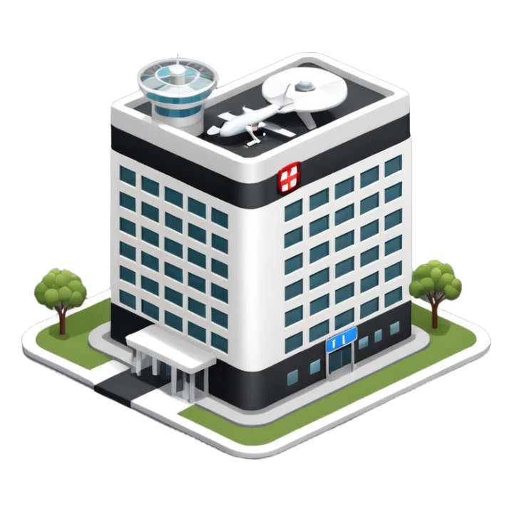 hospital isometric view building with heliport sticker