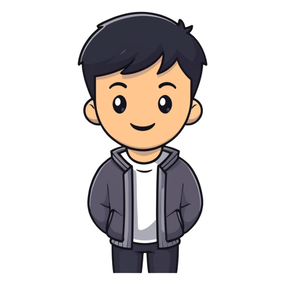 Asian man with short black hair, friendly smile, Josh Lim character sticker