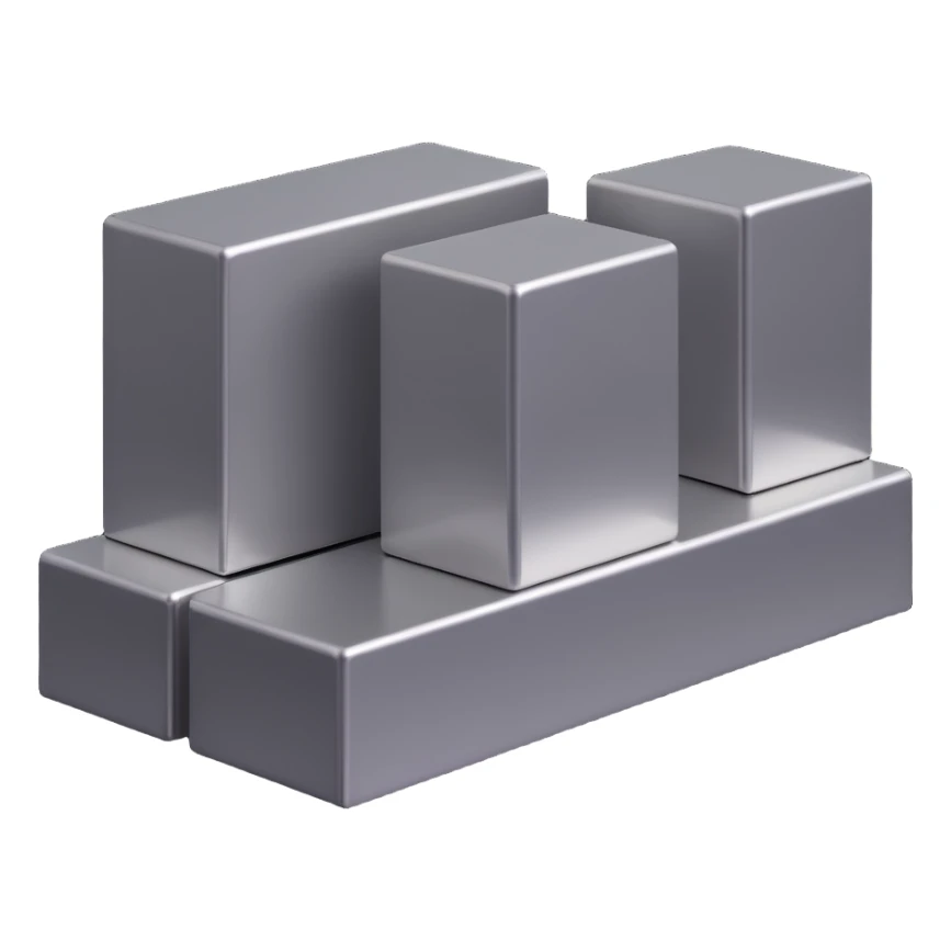 three long steel blocks, two on the bottom and one on top, 3D perspective, metallic shine, rectangular shape sticker