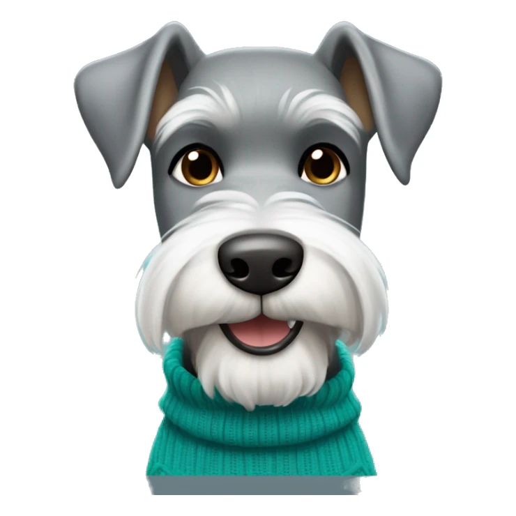 Grey and white schnauzer with dark brown eyes smiling, wearing in a teal sweater sticker