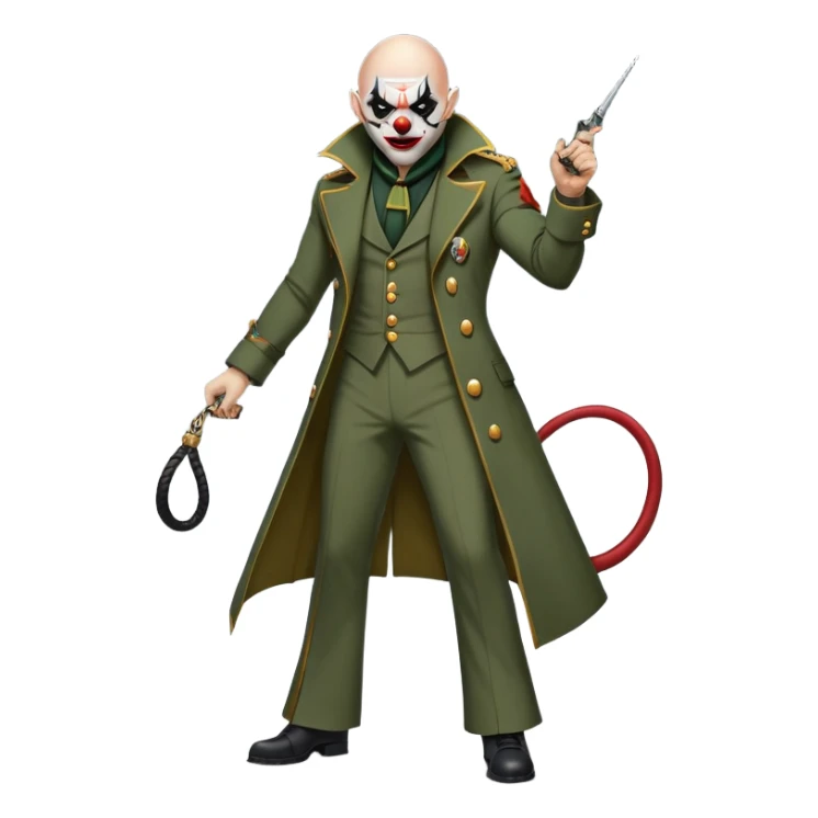 evil clown, bald, black horns on forehead, fangs, pointed ears, eye patch over one eye, long coat over black and military green leisure suit with bellbottom pants, tail, holding a different style of whip, realistically proportioned, less bulky, full body, battle-ready, fighting posture sticker