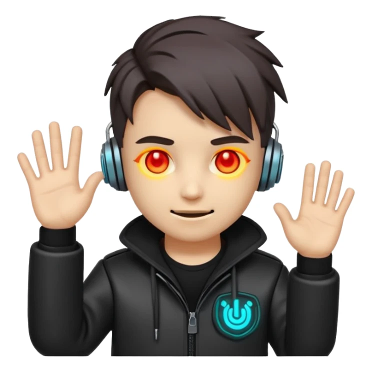 Chibi cyberpunk hacker emoji with glowing eyes, shaking head “no” and waving stop hand, friendly anti-scam message, text “NO SCAMS”, smooth looping animated sticker, bright neon colors, transparent background, Discord emoji style. sticker