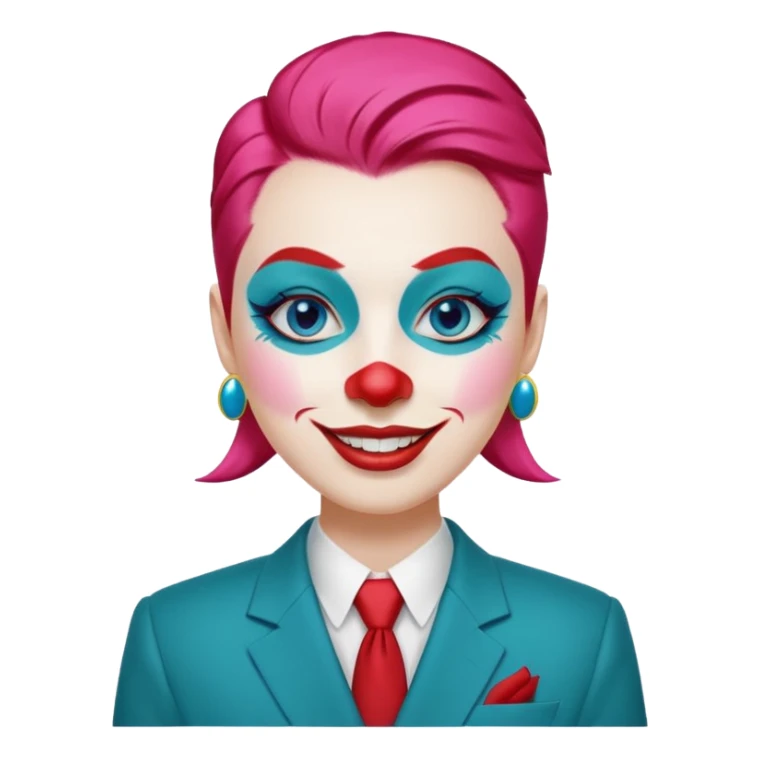 Pink slicked-back hair.

White face paint with blue eyebrows and eye makeup.

Big red nose and wide smile with red lipstick.

Wearing a teal suit with a yellow shirt and red buttons. sticker