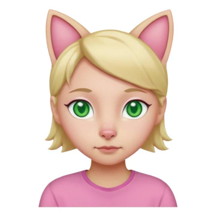 Squareded Ears Pink Skin Green Eyes Cat Shaped Pupils Heart Shaped Forehead Blonde Haired Pink Shirt  sticker
