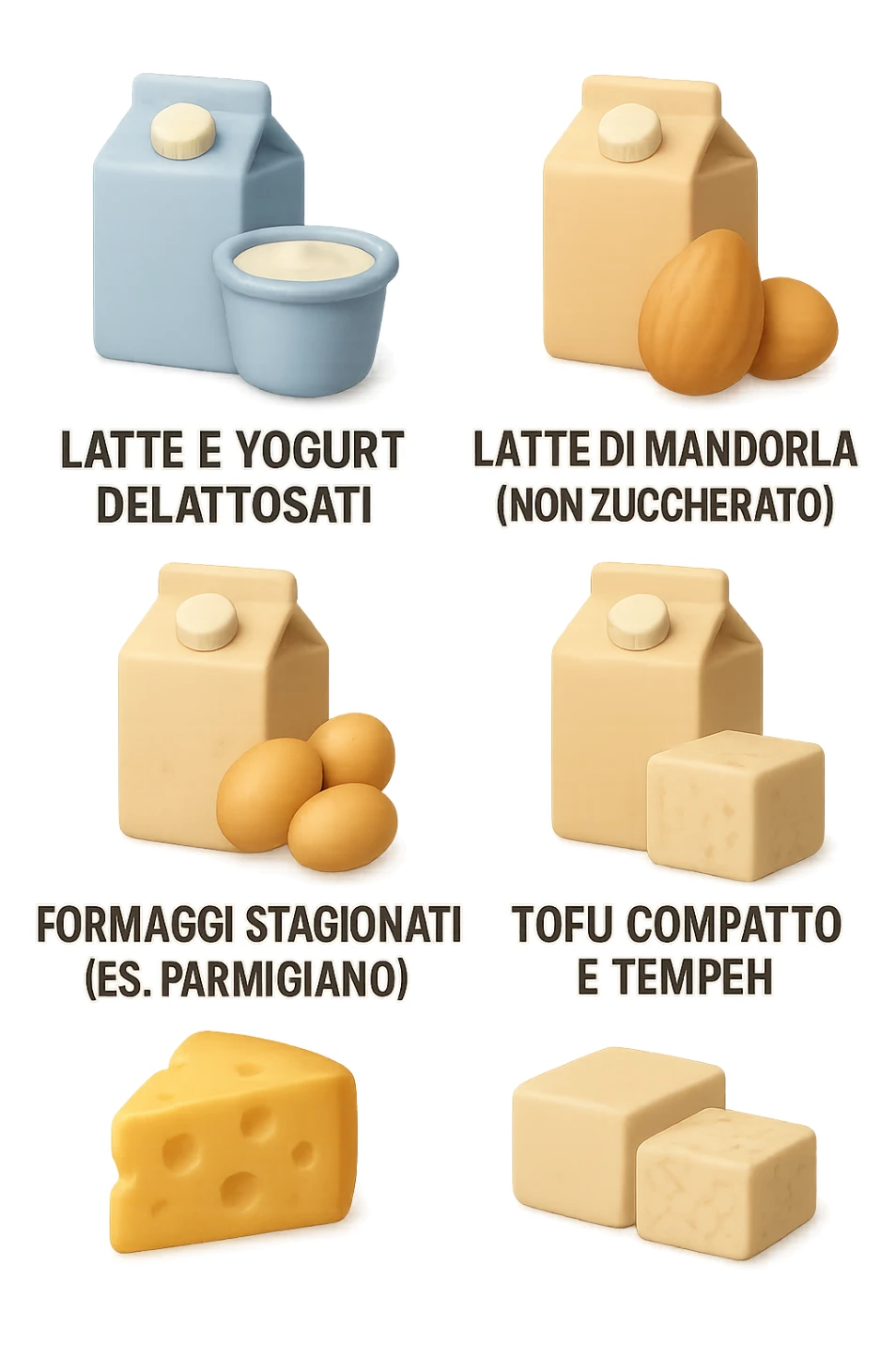 emoji stile iphone 3d di questi elementi che fluttuano in aria:

Latte e yogurt delattosati
Latte di mandorla (non zuccherato)
Latte di soia da proteine isolate
Formaggi stagionati (es. parmigiano)
Tofu compatto e tempeh
 che fluttuano in aria,  le etichette scrivile in italiano, iperealistico 4k sticker