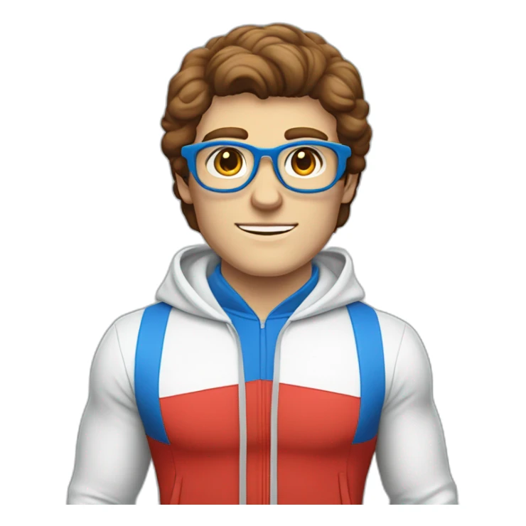 retro 70s blue and red gym clothes for a modern white brunette uni male student with glass sticker