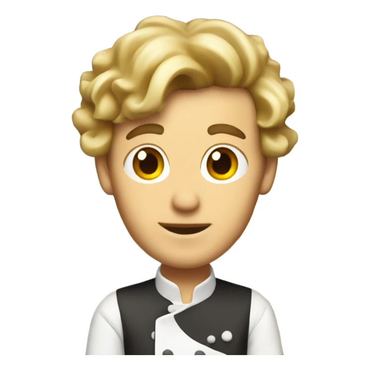Man middle long dark blond hair dress as a pastry chef with a hate  sticker