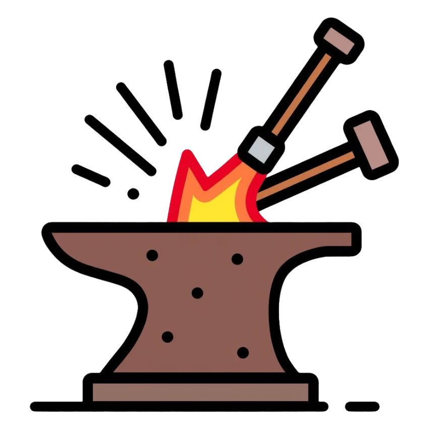 Blacksmithing icon, forged metal piece being shaped with hammer and anvil, glowing red-hot metal, blacksmith tools like tongs and chisel, sparks flying, minimalistic style, clean lines sticker