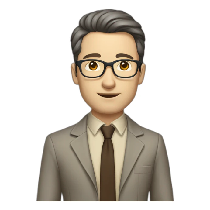 Full height Gesticulating Pale skinned fit man with dark brown hair in gray jacket, beige office shirt, brown tie, brown pants and vintage glasses. sticker