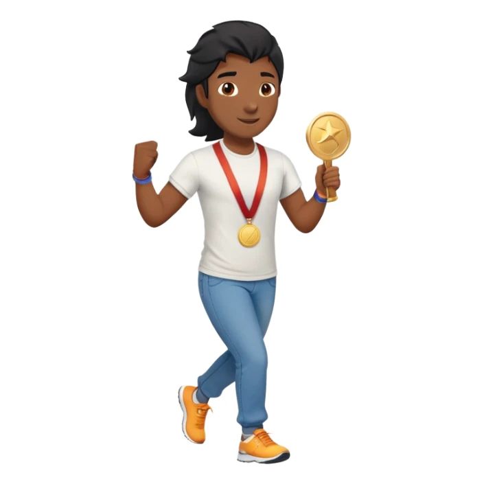 friendly anthropomorphised black stallion in jeans and a t-shirt, jogging upright in relaxed pose, holding a medal sticker