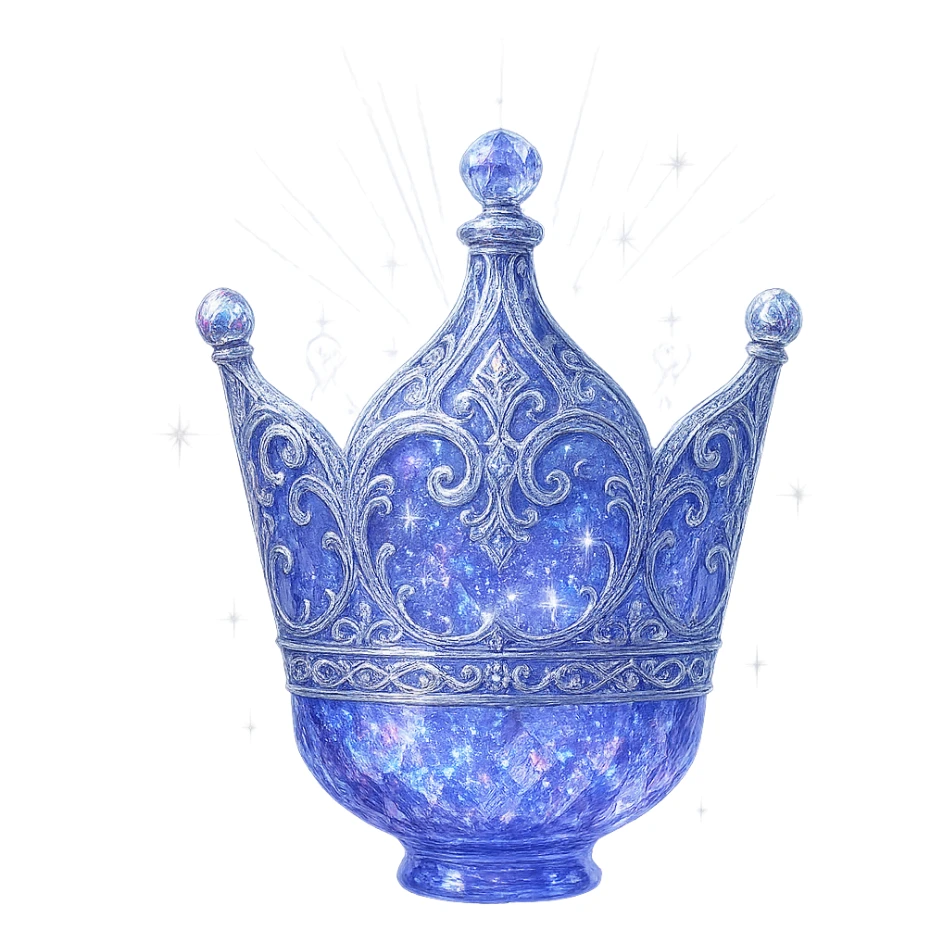 ultra luxurious crystal elixir bottle, elegant and clearly crown-shaped (not a flask), color #7986cb, multi-layered holographic and silver filigree, intricate crystal texture, magical glowing and sparkling effects, radiant light beams, very small neck, seamless and beautifully rounded closed bottom, transparent background, bottle clearly floating in air, no base or shadow, not standing, modern, collection style, extremely beautiful and refined sticker