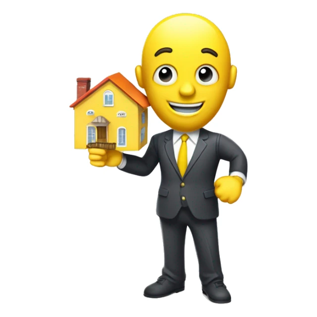  A ISOMETRIC VECTOR 3D cartoon character with a yellow body is holding a house-shaped sign that reads 'FUCCI' . The character is wearing a  suit, white shirt, and tie,  The character has an smiling emoji face and is giving a thumbs-up with their right arm sticker