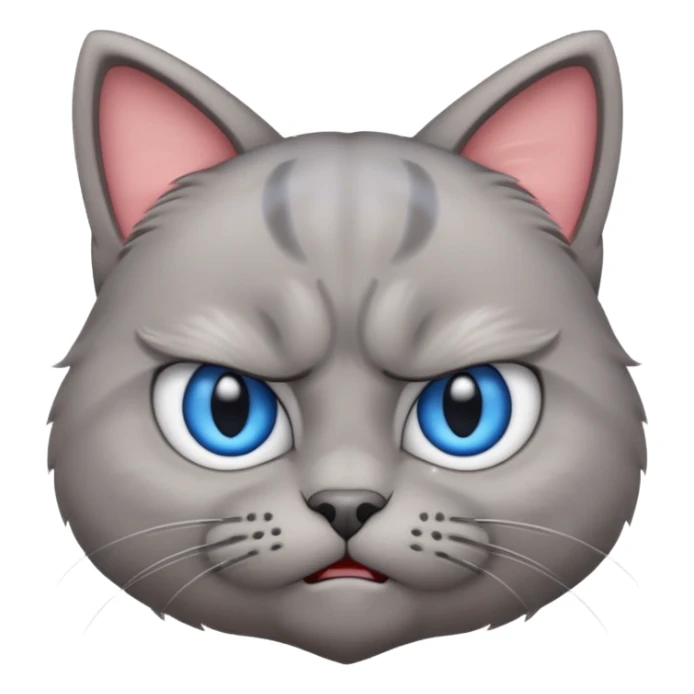 angry grey cat blue small eyes. iphone real emoji style sticker