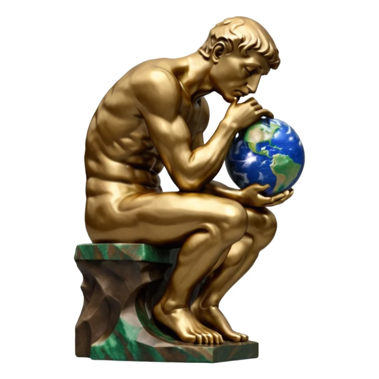 rodins sculpture the thinker but with a planet earth in its hand sticker