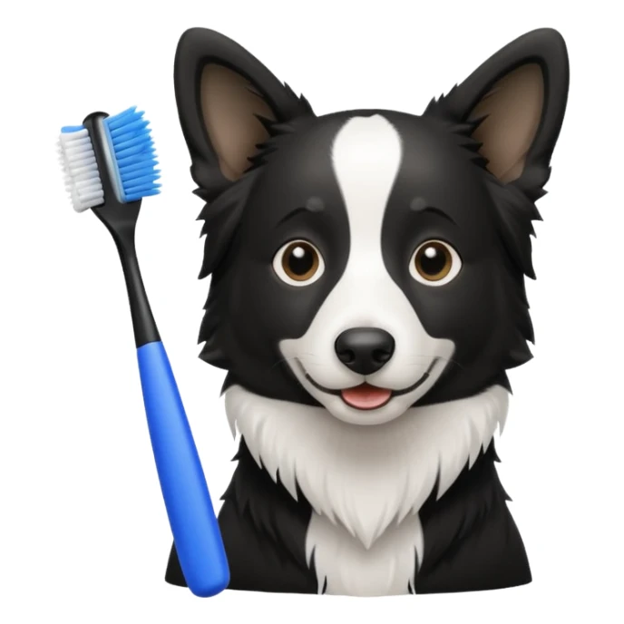 border collie black and white holding a blue toothbrush sticker