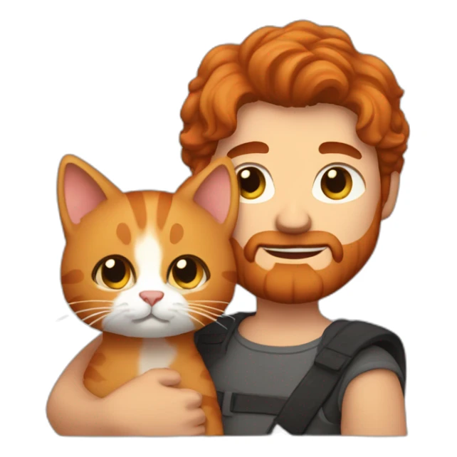 Michael with his red beard and dark brown hair holding his ginger cat in his arms sticker