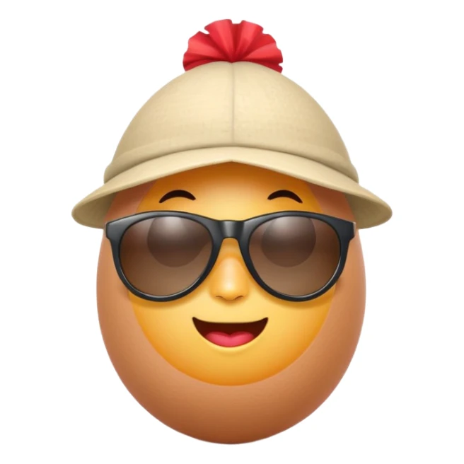 a funny, proud cartoon-style egg character wearing sunglasses and a small fan cap , solid orange background. sticker