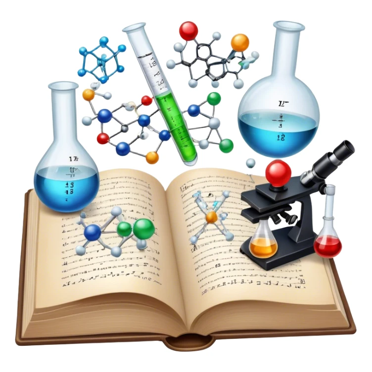 Icon for Scientific and Educational Reading: an open book with mathematical and physical formulas on the pages, with molecules and atoms flying out. On the desk are test tubes, flasks, and a microscope. Transparent background. sticker