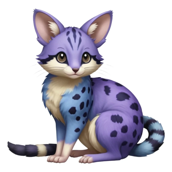 Indigo, violet-pointed, purple-patterned, soft realistic romantic vintage antique divine beautiful elegant pretty precious cute young youthful  Fakémon-Pokémon-opossum-feline-mouse-serval-caracal-chinchilla-Minccino-Cinccino-Meowstic-rodent-hybrid-creature with a tufted tail (full body) sticker