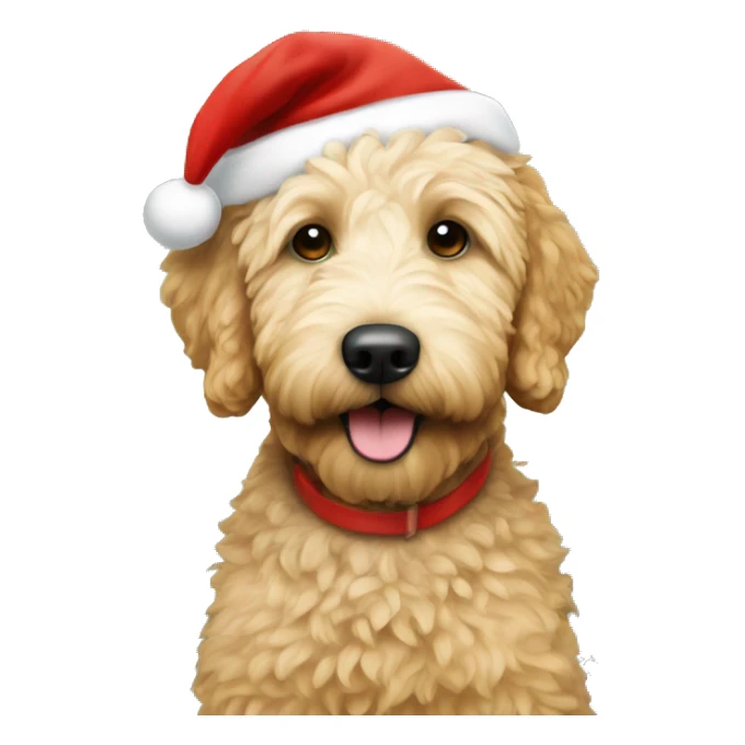 Small golden doodle wearing a Santa hat under a Christmas tree sticker