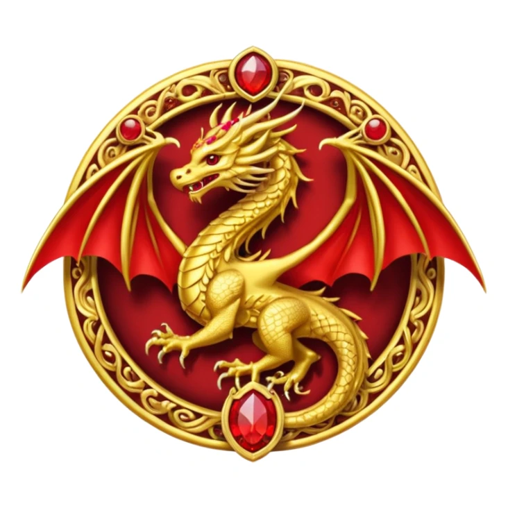 Golden Dragon with wings crest/brosch in a circle with red gems sticker