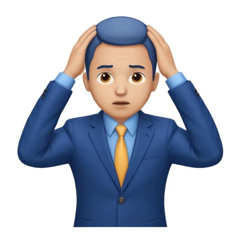 businessman in a blue suit, stressed expression, holding head, neutral background sticker