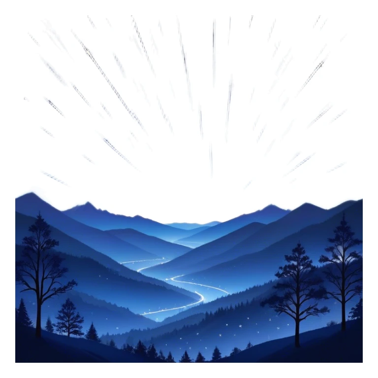 A mesmerizing night sky filled with falling stars, streaking across the dark expanse in bright trails of light. The sky is deep indigo, dotted with distant stars, while the shooting stars create a sense of magic and wonder. The landscape below is tranquil, with silhouettes of trees and mountains, adding to the peaceful, celestial atmosphere. Some of the falling stars are bright and large, while others are smaller, creating a dynamic, sparkling effect in the night sticker