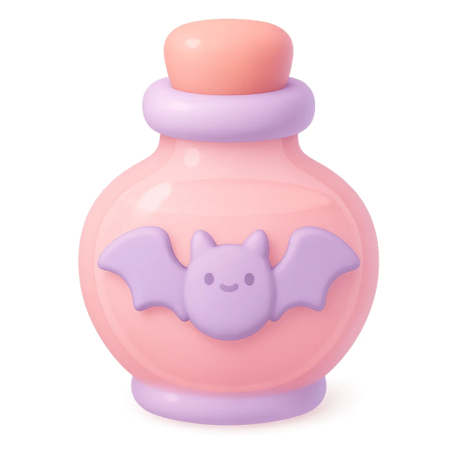 pink goth potion bottle with a bat motif, soft and cute gothic look, mochi style sticker