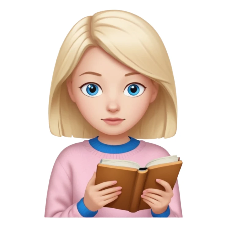 Pretty blue eyed white girl with light pink sweater reading cozy sticker