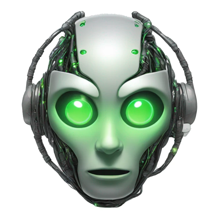 Round Alien cyborg head with glowing wires and green eyes  sticker