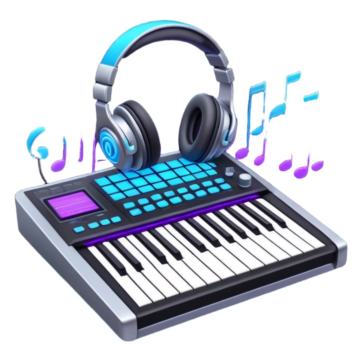 Create a sleek and professional emoji that represents sound design equipment. The design should feature a sound mixing console with faders, a synthesizer, and studio headphones to symbolize the tools used in sound design. Add waves of musical notes surrounding the equipment to represent the dynamic nature of sound creation and manipulation. Use colors like neon blue, purple, silver, and black to convey a modern, creative, and technical vibe. The background should be transparent. sticker