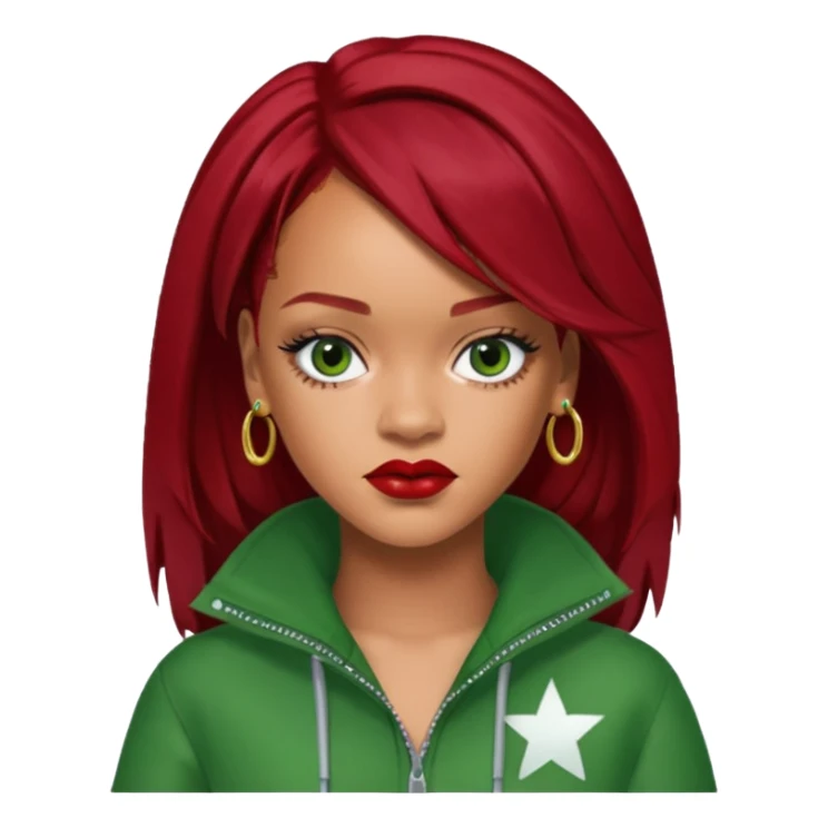 Rihanna dark red hair, green outfit sticker