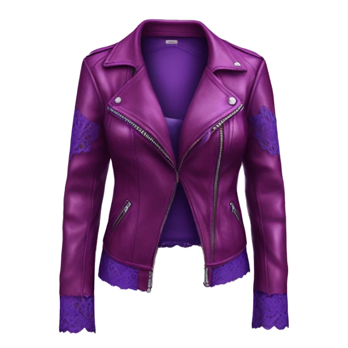 Realistic isolated side view of a metallic magenta open leather jacket with a purple lace camisole underneath it. sticker