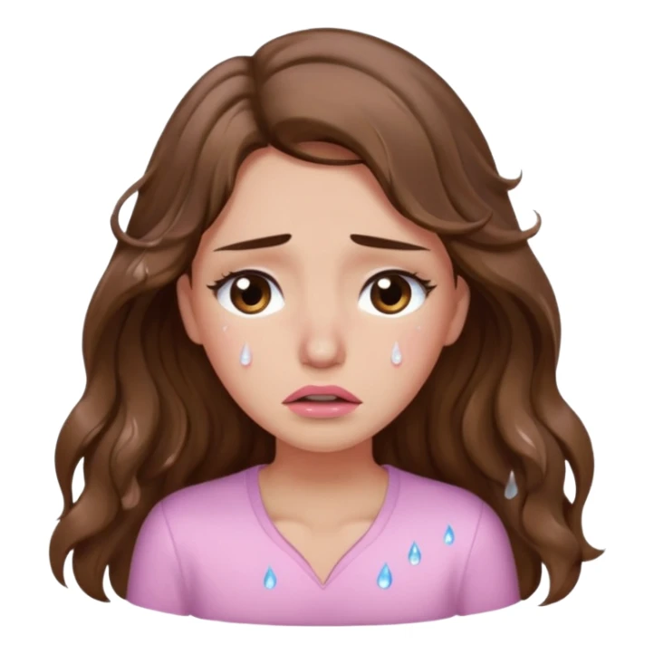 girl with wavy long brown hair, brown eyes, light to medium complexion, long lashes, light pink lipstick, wearing light pink shirt, crying big big tears sticker