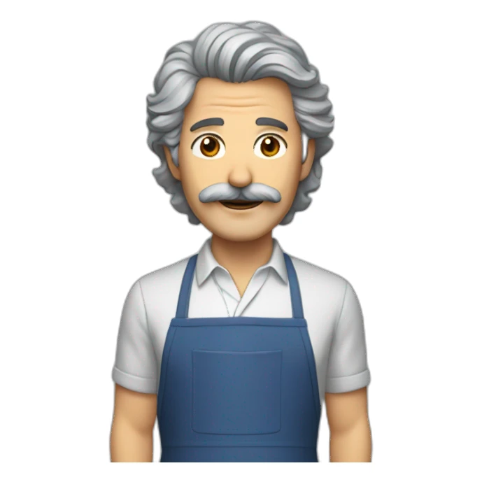 Mature man, gray shaggy hair, brown eyes, mustache, apron sticker