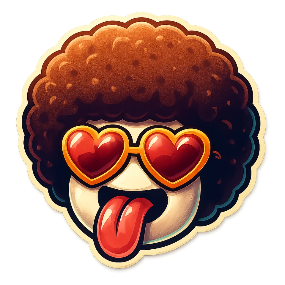 White circle face, afro, heart glasses, big heart eyes, tounge rolled out sticker
