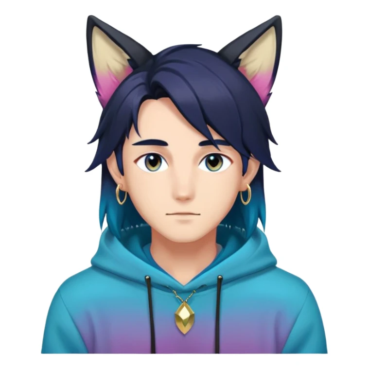 anime man with straight long dark-blueish-black-gradient hair, long black fox ears with pink Scapha, hazel-gradient-brown-turquoise eyes, gold earring hanging from fox ear, dark-blue-sweater sticker