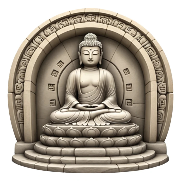 Seokguram entrance and interior Buddha statue, stone semi-circular structure, Buddha peacefully seated, traditional Korean temple atmosphere sticker