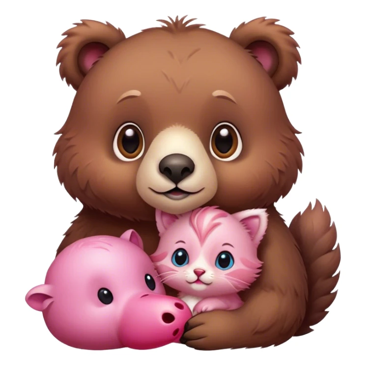 A cute realistic brown bear with a realistic cute pink dodo closely together, and a brown kitten sticker